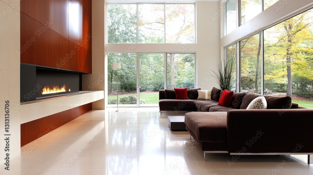 Fototapeta premium Modern Living Room: An inviting living room features a sleek fireplace, floor-to-ceiling windows, and contemporary furnishings.