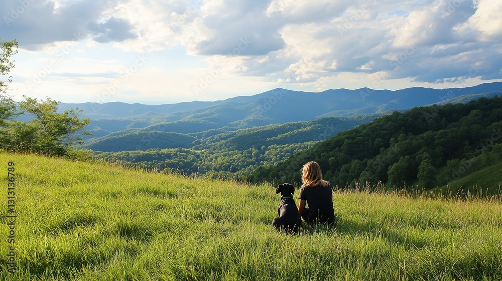 Young girl and her loyal dog sitting on a grassy hillside, enjoying the breathtaking view of distant mountains under a clear blue sky. A moment of tranquility and companionship in nature. Young girl and her loyal dog sitting on a grassy hillside, enjoying the breathtaking view of distant mountains under a clear blue sky. A moment of tranquility and companionship in nature.