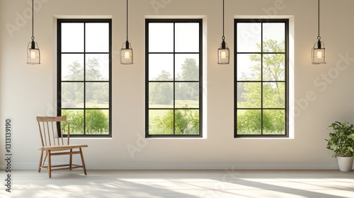 Modern farmhouse living room with large windows