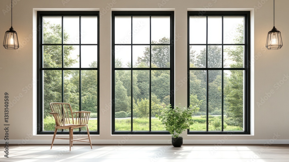 Fototapeta premium Modern Room with Large Windows, Sunny View, Peaceful Interior