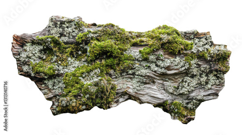 Piece of tree bark covered with moss and lichen on transparent background