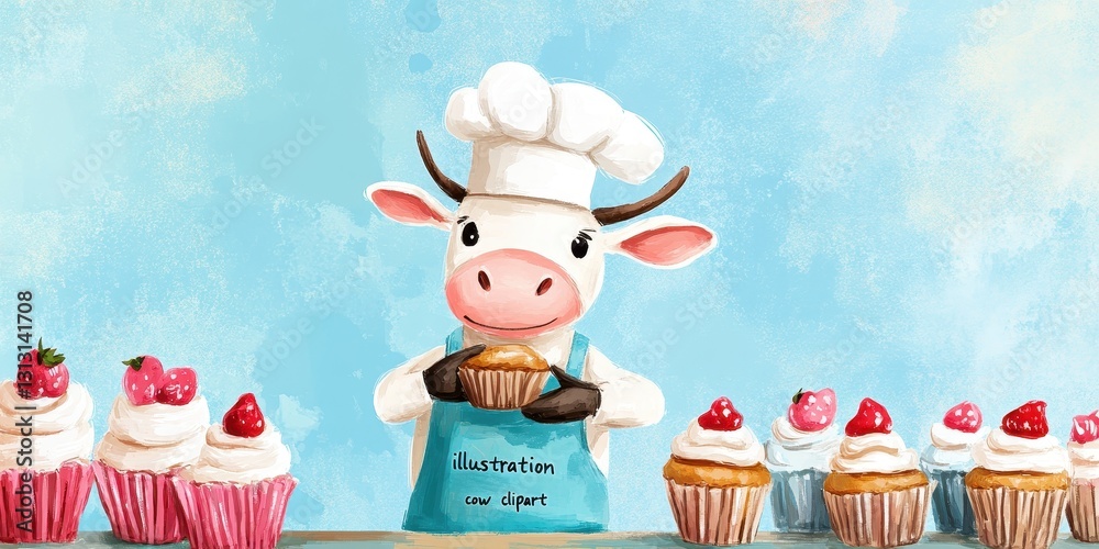A happy cow chef holding a cupcake among other decorated treats A happy cow chef holding a cupcake among other decorated treats