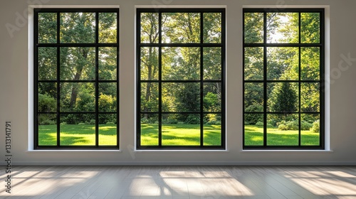 Modern interior with large windows showing a garden.  Possible use Stock photo for home design catalogs