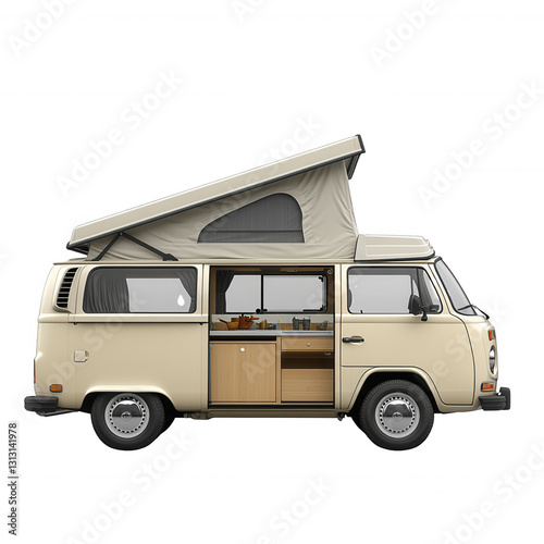 Camper Van with Pop-Up Roof and Built-In Kitchen isolated on white background.PNG photo