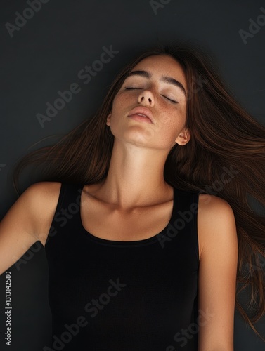 Young Woman in Black Sleeveless Top with Relaxed Expression and Soft Lighting