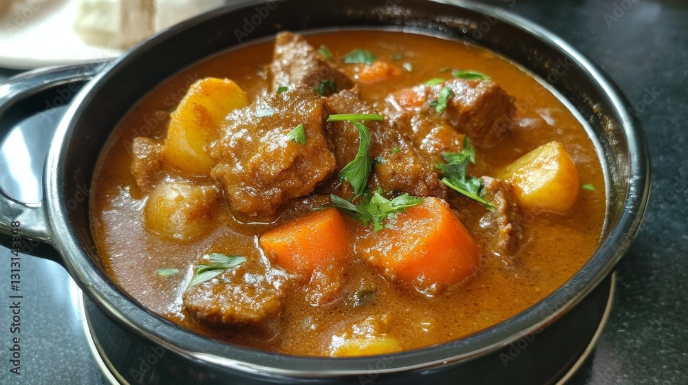 Delicious Beef Stew with Carrots and Potatoes in a Black Bowl Delicious Beef Stew with Carrots and Potatoes in a Black Bowl