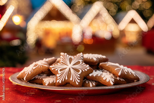 Galletas de jengibre decoradas con glaseado, dispuestas en bandeja de cerámica photo