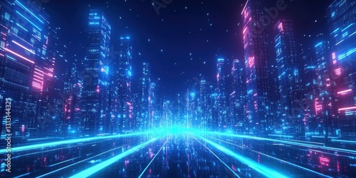 Futuristic Cityscape at Night Neon Lights Digital Art Cyberpunk City Streetscape