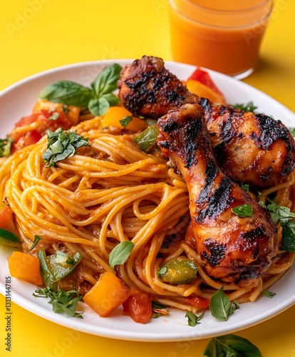 Grilled chicken drumsticks served with spaghetti pasta, fresh vegetables, and basil, on a vibrant yellow background