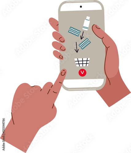 Close up human hand holding smartphone for online order of medicines.  Online pharmacy. Home delivery.  Mobile Pharmacy service. png vector illustration