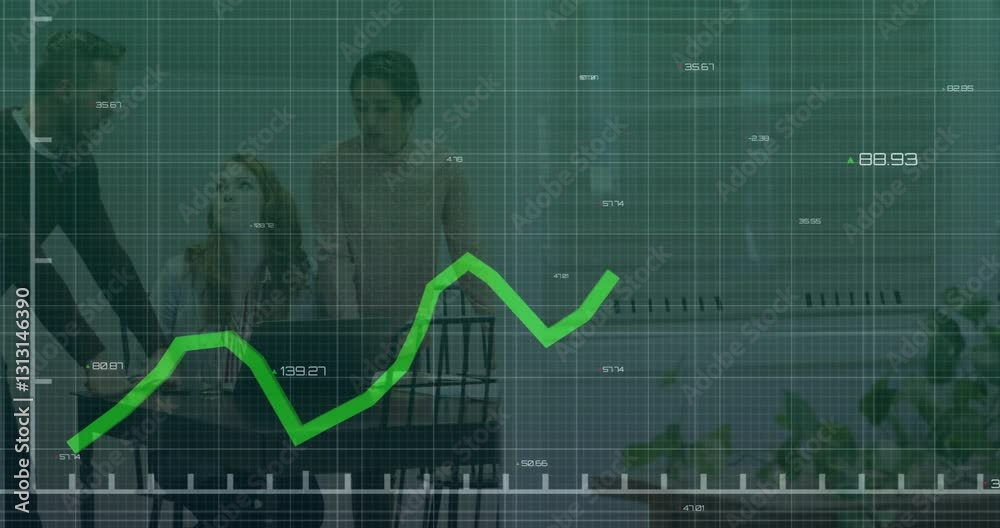 Discussing fluctuating stock market graph animation, business team analyzing data together Discussing fluctuating stock market graph animation, business team analyzing data together