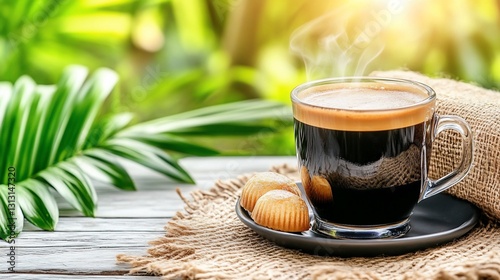 Steaming coffee, cookies, garden background, morning