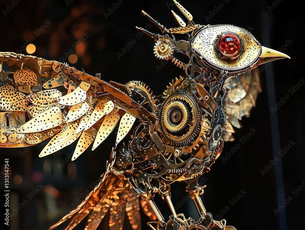 Fototapeta premium Steampunk mechanical bird sculpture, intricate gears and metallic feathers in bronze and gold tones with a red gem eye on black backdrop.