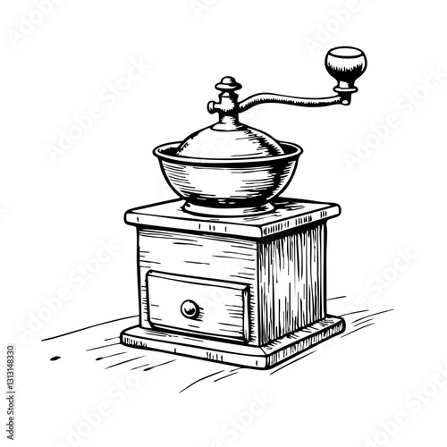 Vintage coffee mill sketch in black and white style  