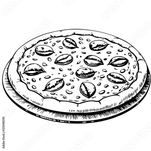Vintage sketch of pizza with basil leaves on a wooden plate  