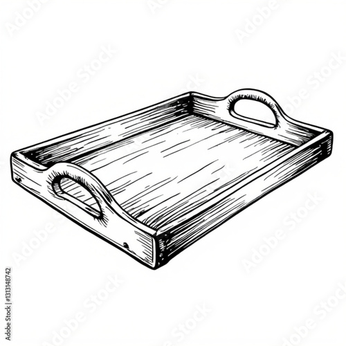 Vintage wooden tray sketch in black and white  