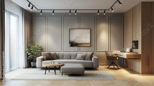 Modern living room interior with sofa  work station  and art. Possible use Stock photo for interior design