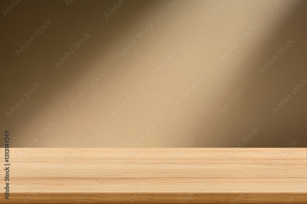 Empty wooden table top with sunlight shadows on beige wall. Natural warm background for product display, mockup, or montage. Soft light, neutral tone, and organic aesthetic for branding design. Empty wooden table top with sunlight shadows on beige wall. Natural warm background for product display, mockup, or montage. Soft light, neutral tone, and organic aesthetic for branding design.