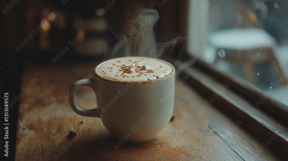 Steaming White Mug of Coffee on Wooden Table by Window Steaming White Mug of Coffee on Wooden Table by Window