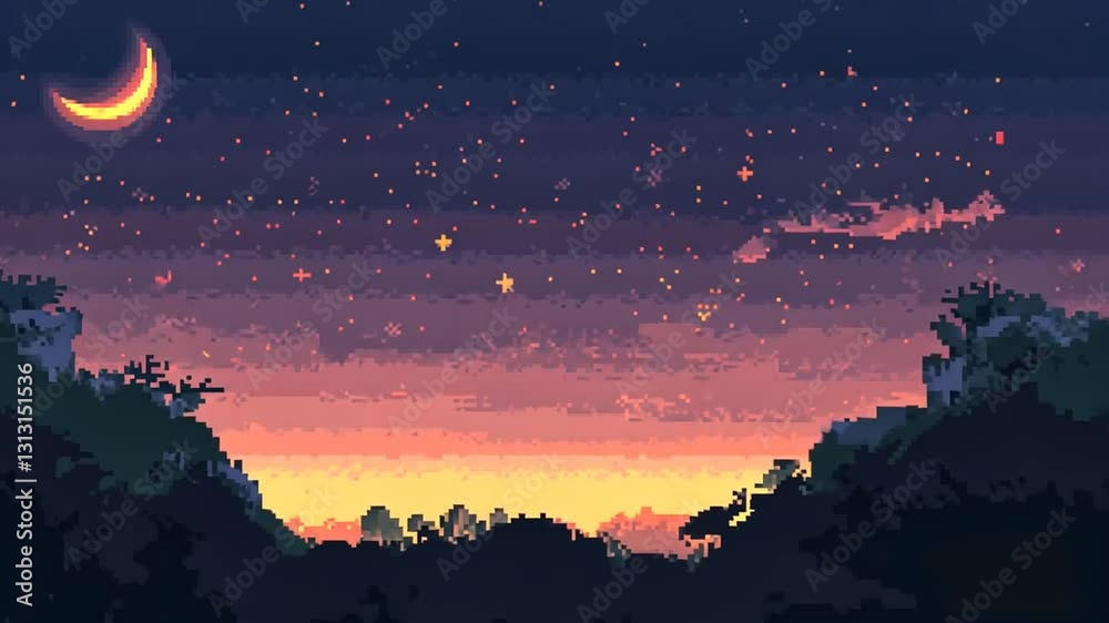 Pixelated sunset landscape with crescent moon and stars, beautiful pixel art style, retro design