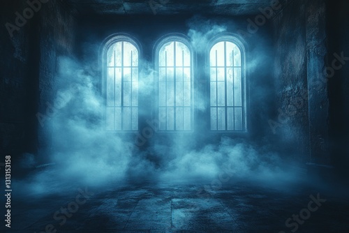 Mysterious Blue Lit Room with Arched Windows and Fog photo