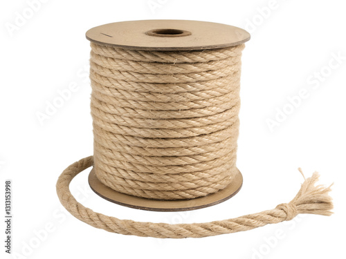 Twisted rope coil on spool workshop setting product photography close-up view, isolated on white or transparent background