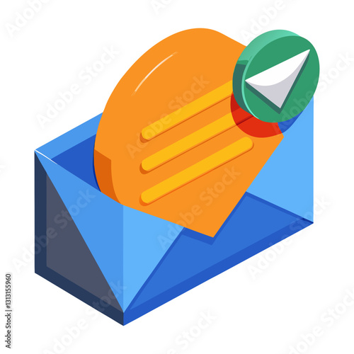 An isometric illustration of an open envelope containing a letter with a checkmark symbol, representing received message, confirmation, and email communication.