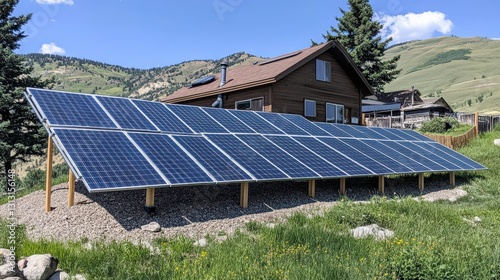 Solar panels installed in a sunny landscape near a house, showcasing renewable energy use