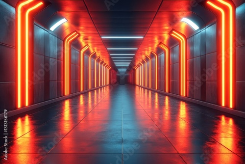 Abstract Empty Black Room with Metal Slats  Neon Lights  and Shiny Floor. Dark Gray Wall with Metal Grid. Modern 3D Render in 8K.