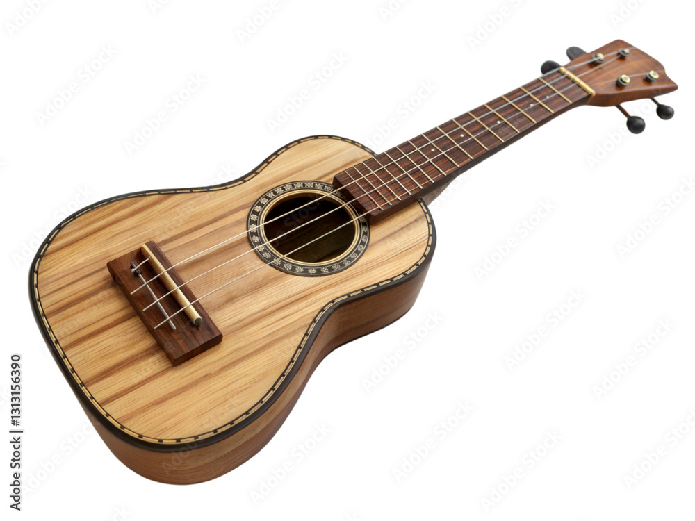 Fototapeta premium Strumming a hawaiian ukulele home workshop musical instrument indoor close-up craftsmanship, isolated on white or transparent background