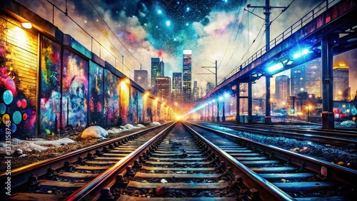 Abstract Train Tracks Graffiti Double Exposure Background - Urban Transportation Stock Photo