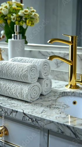 Rolled white towels on marble bathroom countertop with flowers