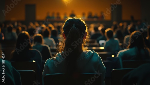 Wallpaper Mural young girl sitting alone in a crowded auditorium focusing on the stage with a blurred audience in the background creating a thoughtful and introspective mood Torontodigital.ca