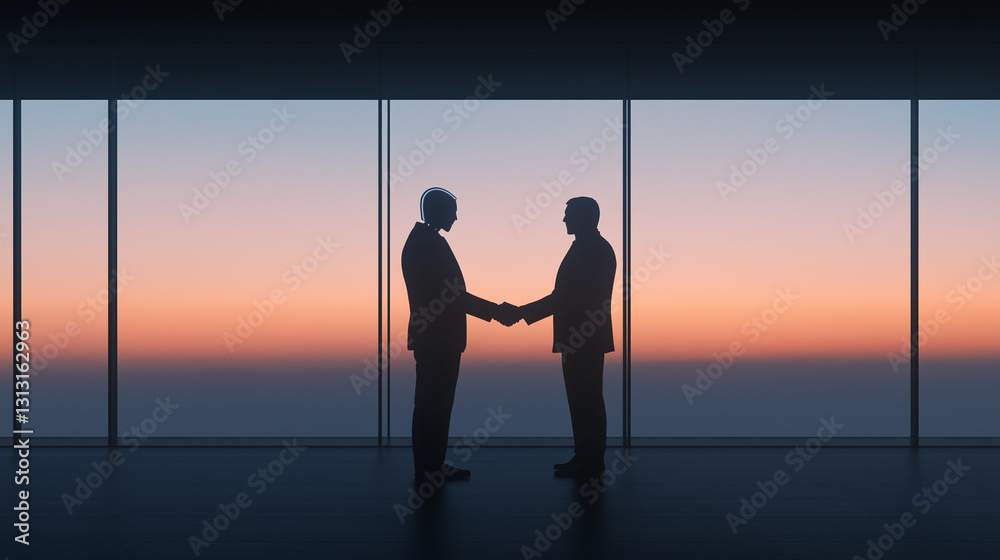 Businessman Shaking Hands with AI Robot in Futuristic Office
Businessman Shaking Hands with AI Robot in Futuristic Office