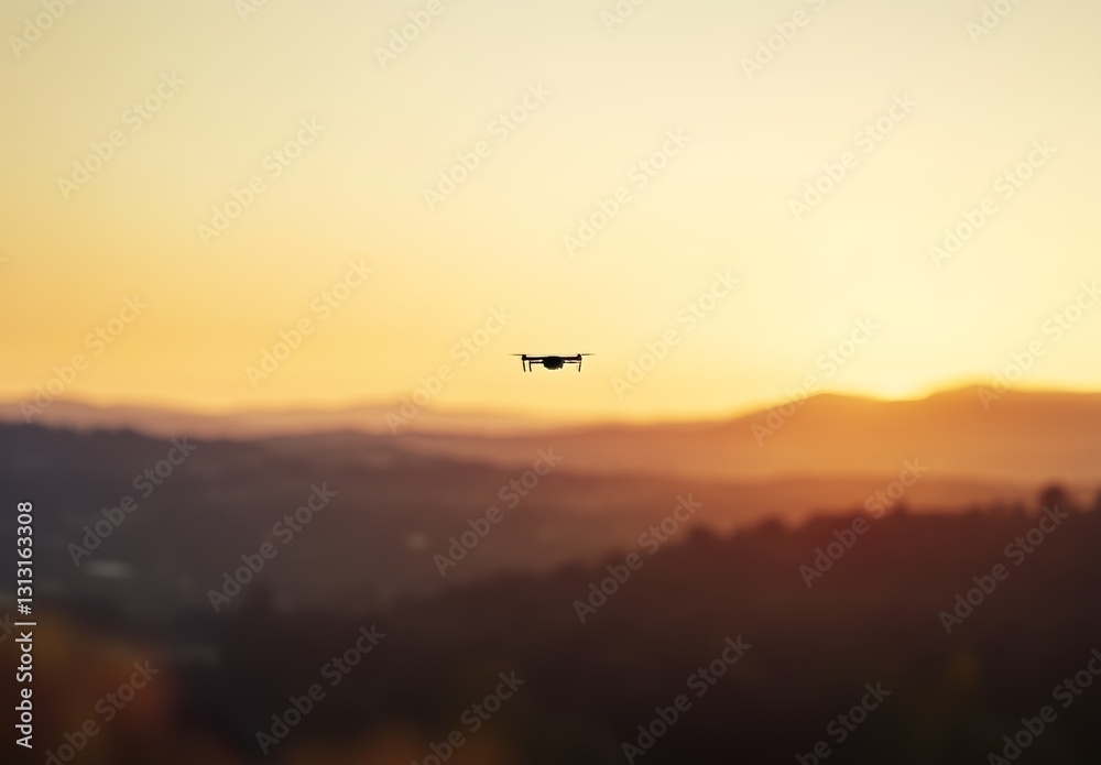 A drone flying over the hills at sunset A drone flying over the hills at sunset