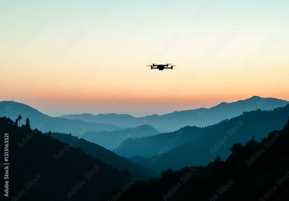 A drone flying over the hills at sunset A drone flying over the hills at sunset