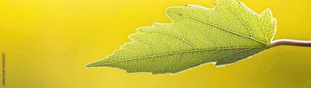 Fototapeta premium Close up of a green leaf shows vibrant detail against blurred yellow background