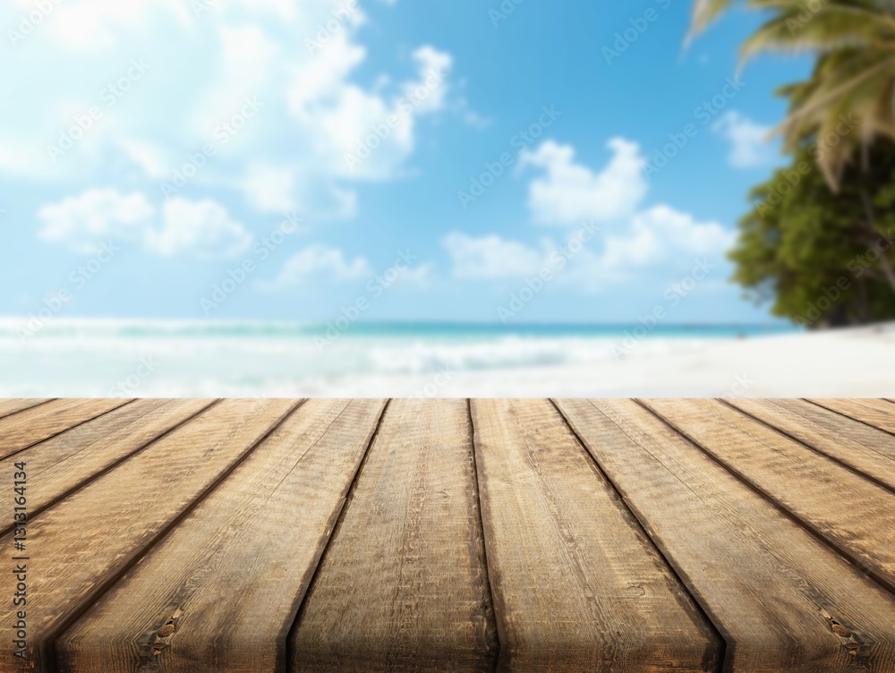 Aged wooden desk with free space at beach landscape Aged wooden desk with free space at beach landscape