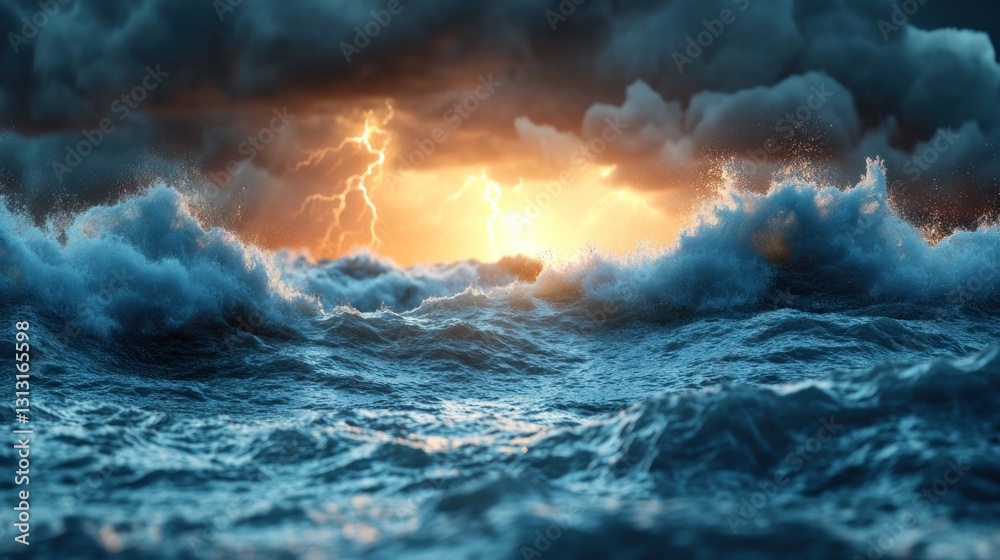 Fototapeta premium Dramatic ocean waves during a storm with lightning. Possible use stock photo for a weather-related project