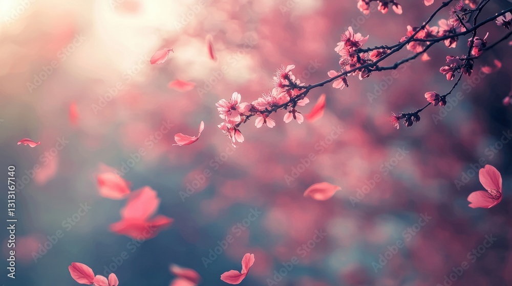 Pink Cherry Blossom Petals Falling from Branch in Soft Focus Background