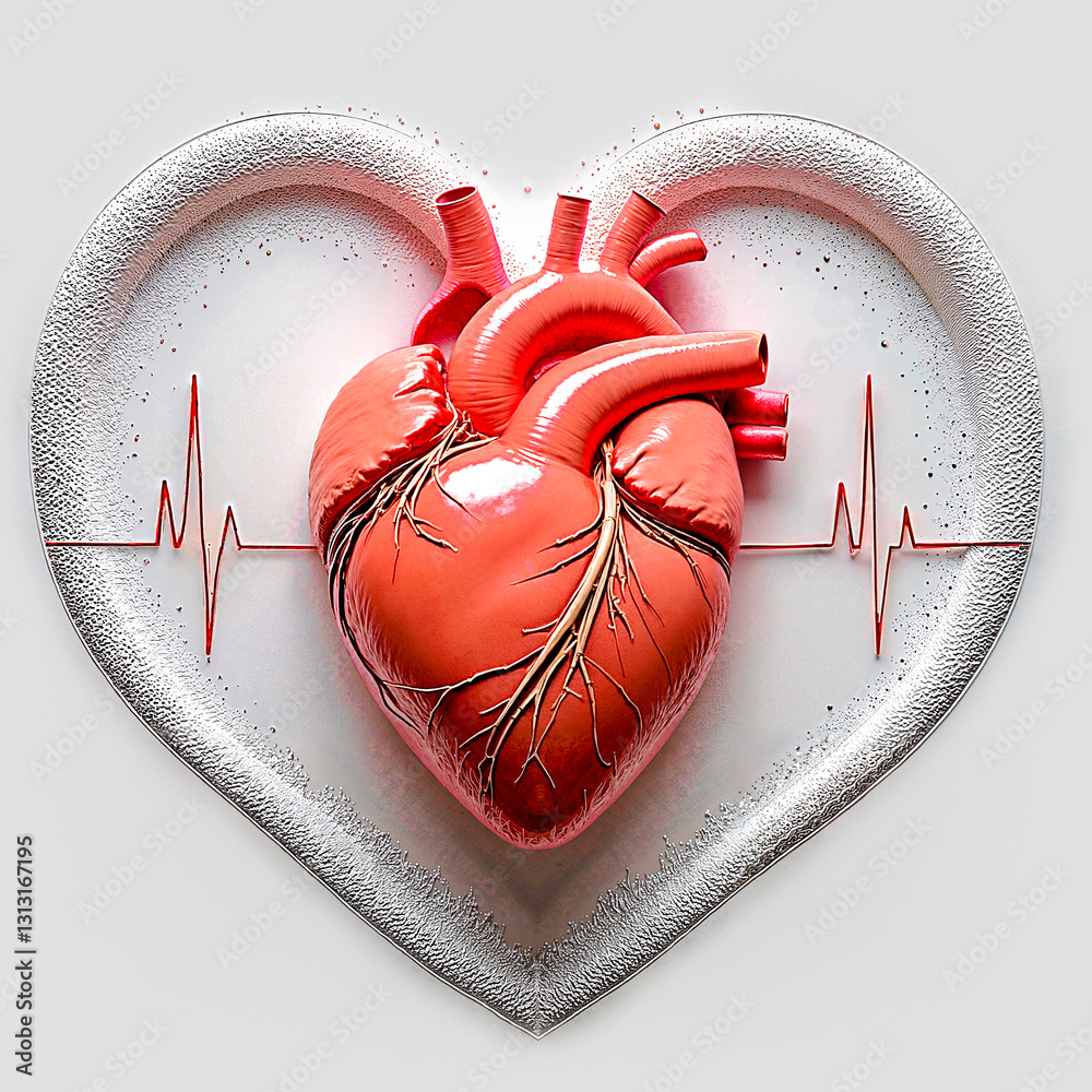 Realistic 3D heart with medical visualization of ECG wave in frame, on white background