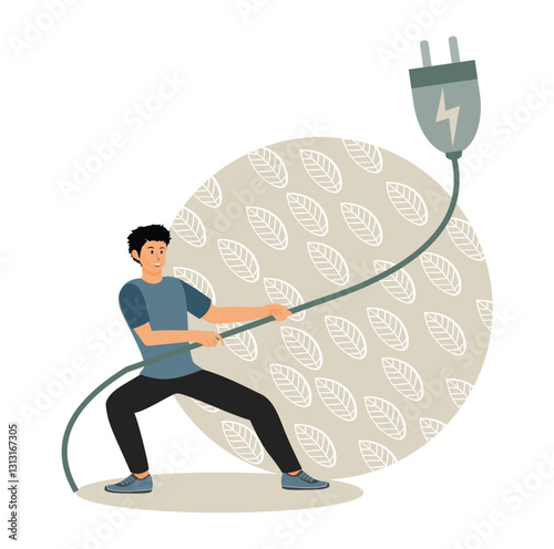 Green electricity concept. Man Holding Large Electrical Cable Plug.