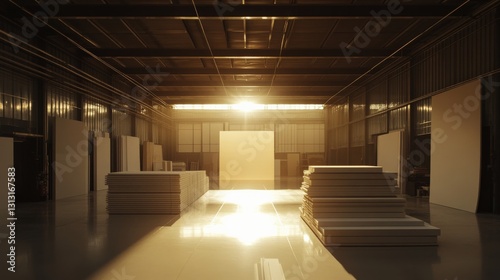 Sunlight streaming through a warehouse  illuminating stacked panels and creating a serene atmosphere