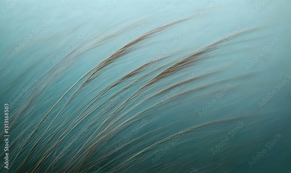 Obraz premium Abstract image of swaying grass blades against a teal background, evoking serenity and calmness. Perfect for designs needing a tranquil, nature-inspired feel.