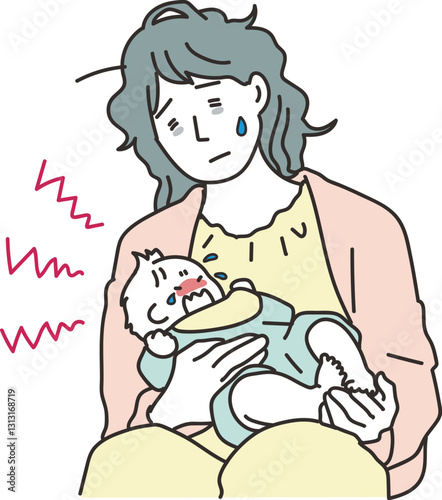 赤ちゃんの夜泣きに悩まされる母親のイラスト