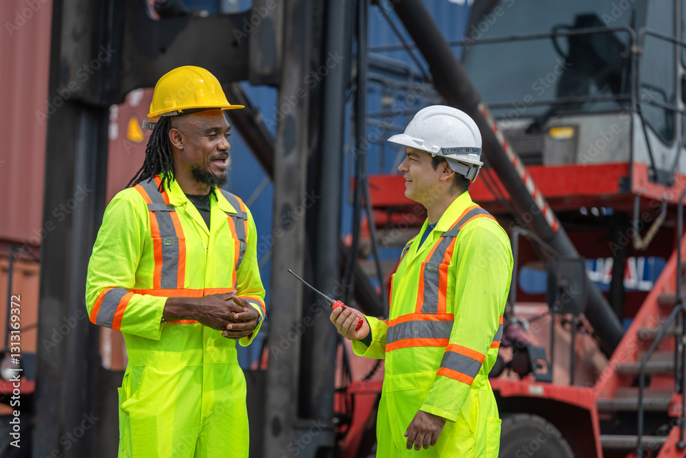 Engineer man Team in Safety Gear Control Containers Box at Industrial Site, Container Yard Workers Team Discussion at Shipping Yard Engineer man Team in Safety Gear Control Containers Box at Industrial Site, Container Yard Workers Team Discussion at Shipping Yard