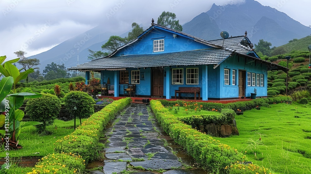 Obraz premium A serene blue house surrounded by lush greenery and mountains, ideal for relaxation and nature appreciation.