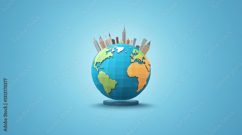 Naklejka premium Global Skyline: A stylized globe showcases the continents, with a vibrant city skyline representing the world's urban centers, set against a gradient background.