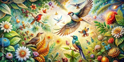 Aerial Drone View: Ornate Watercolor Animal Botanical Pattern Design