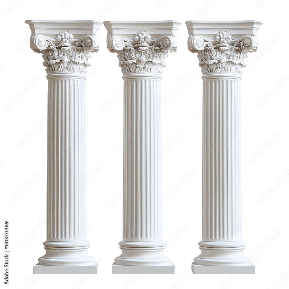 White pillars isolated on a transparent background, featuring antique Greek or Roman architectural design, vintage marble columns showcasing classical style. White pillars isolated on a transparent background, featuring antique Greek or Roman architectural design, vintage marble columns showcasing classical style.